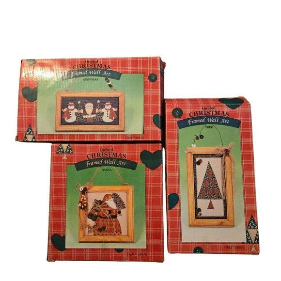 Quilted Christmas Framed Wall Art  (Lot Of 3) Santa Snowman Tree Holiday Decor - Picture 1 of 6